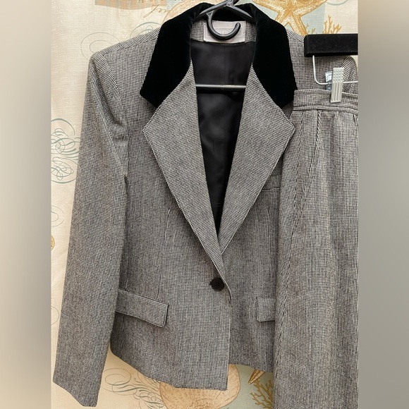 Evan Picone VTG 2 Piece Wool Black White Plaid Blazer Skirt Velvet Office Set - Picture 3 of 17